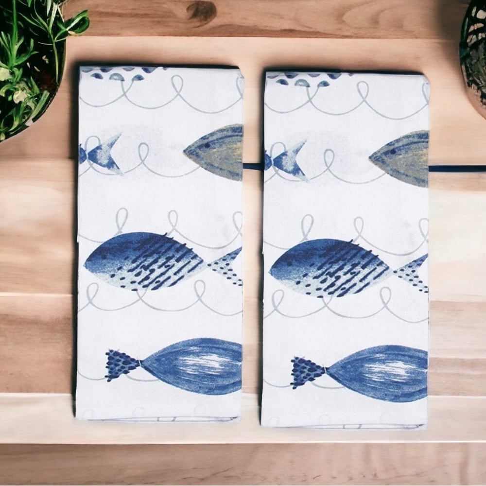 Mabelle Coastal Printed Kitchen Cotton Towels Nautical Beach Blue White 2 Pieces - Picture 13 of 16